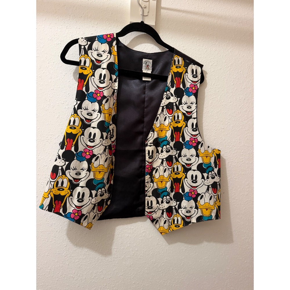Vintage Mickey & Co Disney Character Print Vest Black Satin Back Large